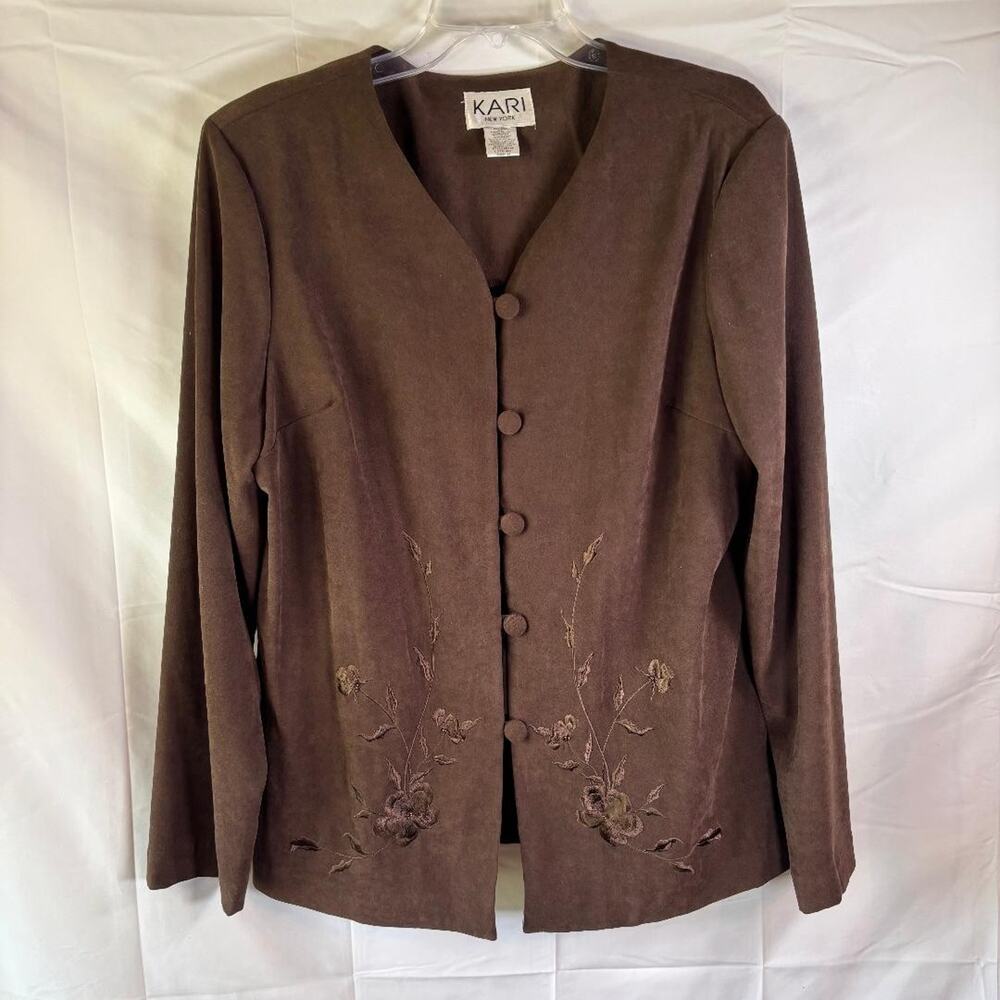 Kari New‎ York Jacket Brown w/embroidered Flowers Women's Size 16 Boho